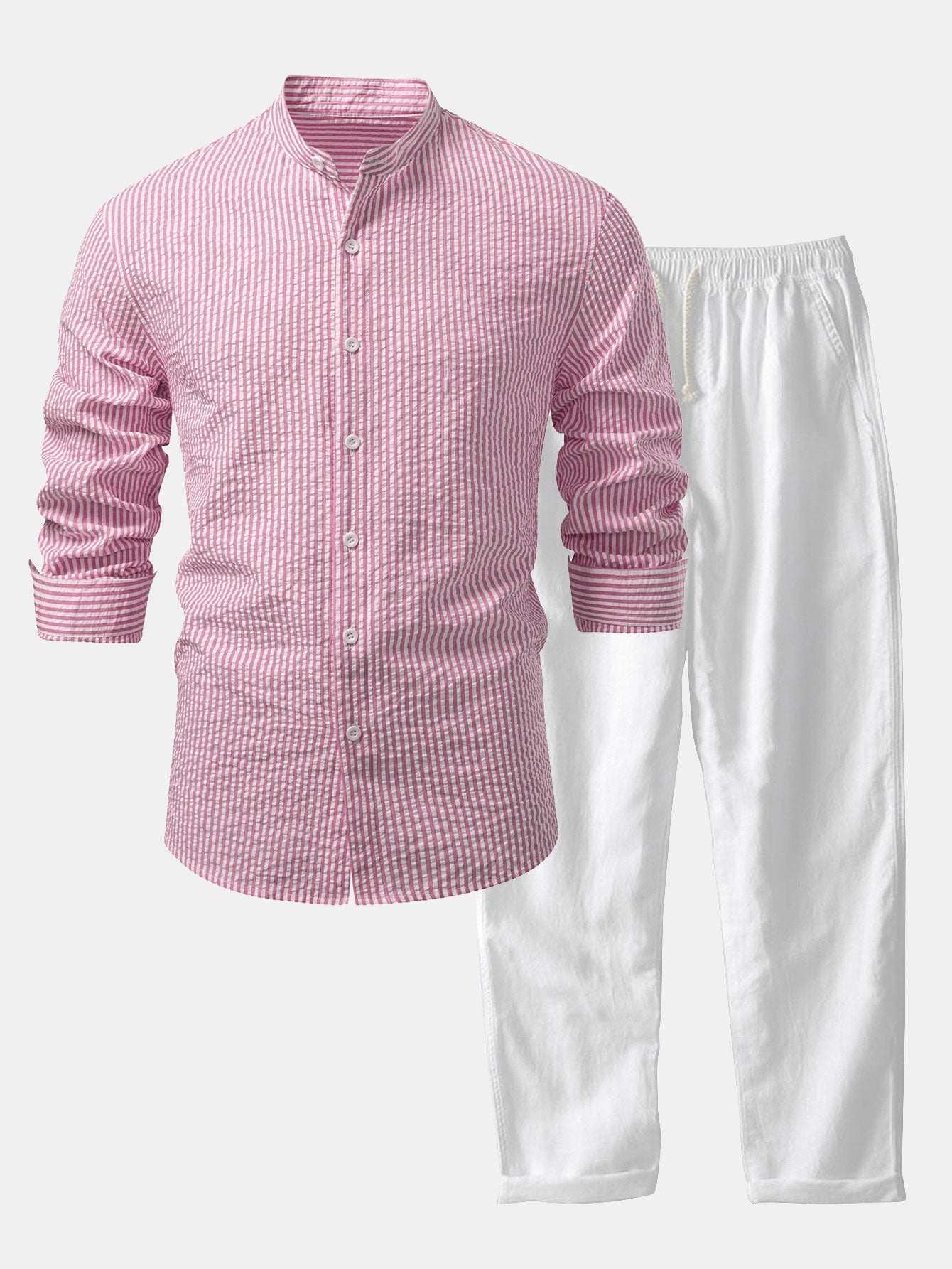Chemise Rayée Seersucker avec Col Haut et Pantalons en Lin à Jambe Droite