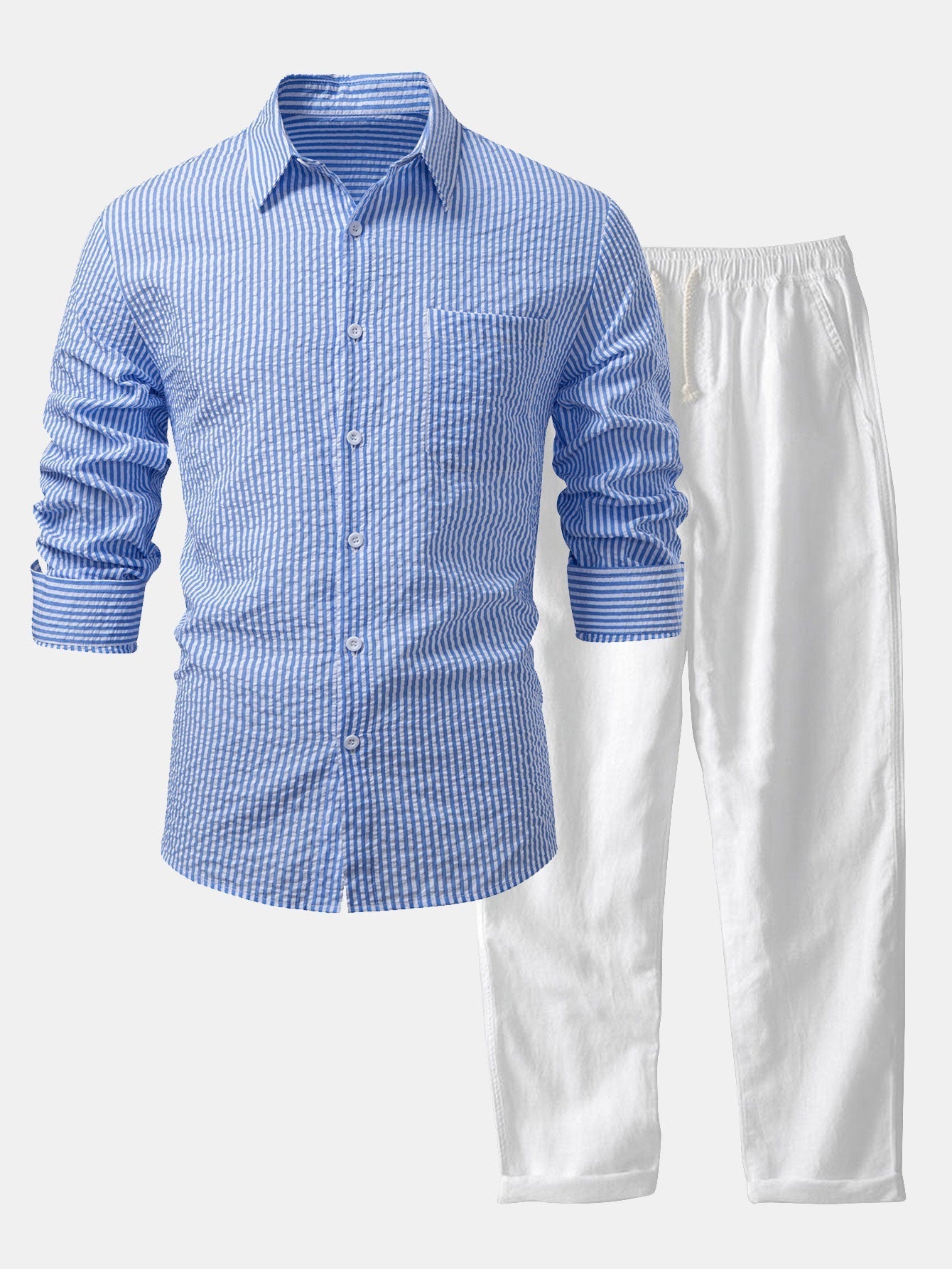 Chemise Rayée Seersucker avec Boutons et Pantalons en Lin à Jambe Droite
