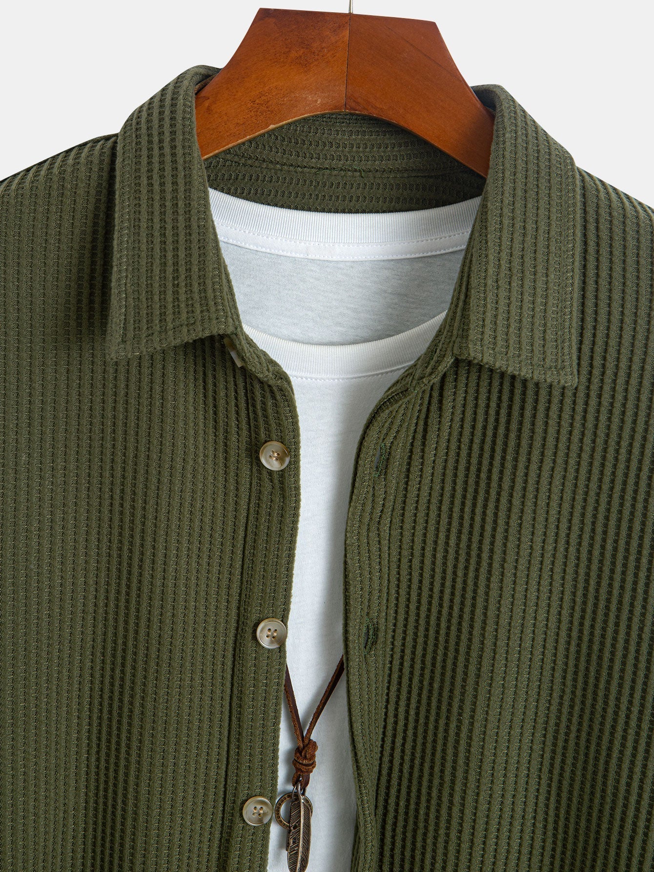 Chemise à Manches Longues en Waffle avec Boutons et Pantalons en Waffle Tissés avec Cordon
