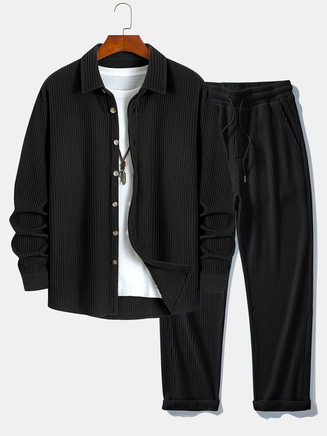 Chemise à Manches Longues en Waffle avec Boutons et Pantalons en Waffle Tissés avec Cordon