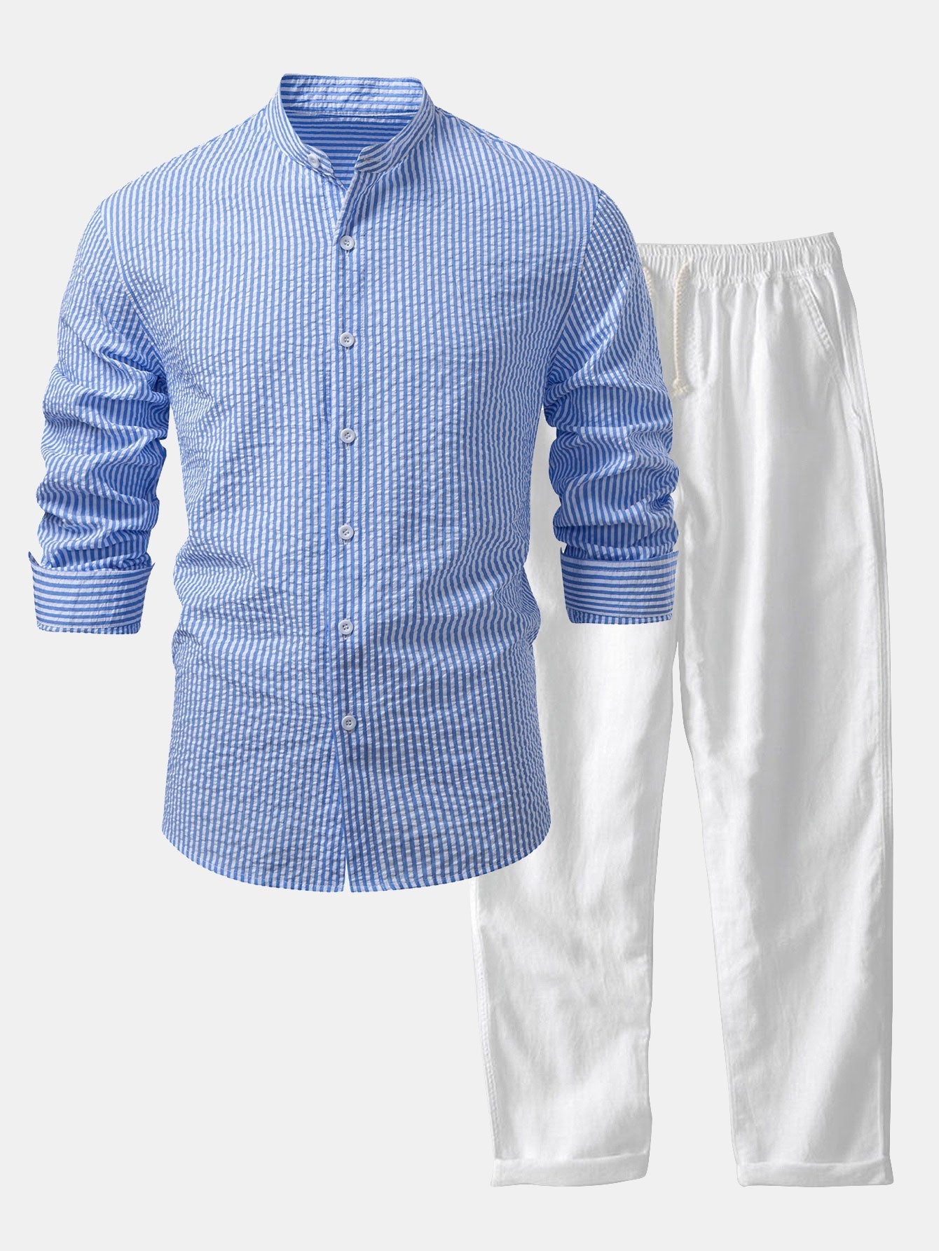 Chemise Rayée Seersucker avec Col Haut et Pantalons en Lin à Jambe Droite