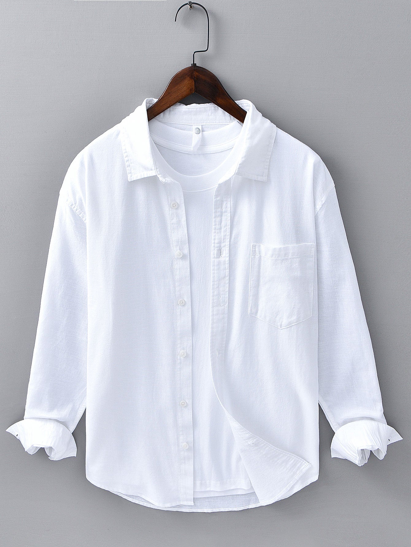 Chemise à Manches Longues en Lin et Coton avec Poche et Pantalon en Lin à Jambe Droite