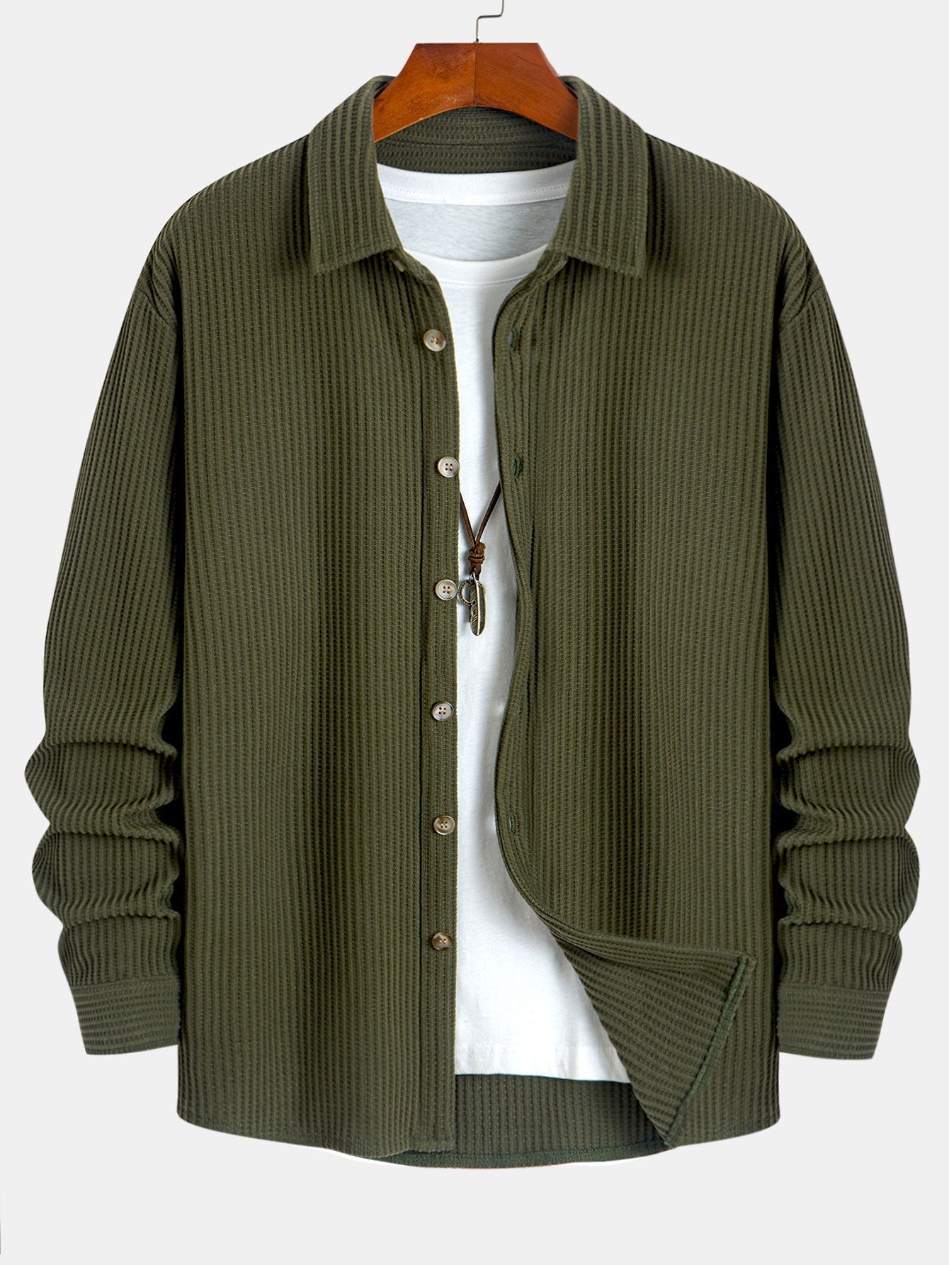 Chemise à Manches Longues en Waffle avec Boutons et Pantalons en Waffle Tissés avec Cordon