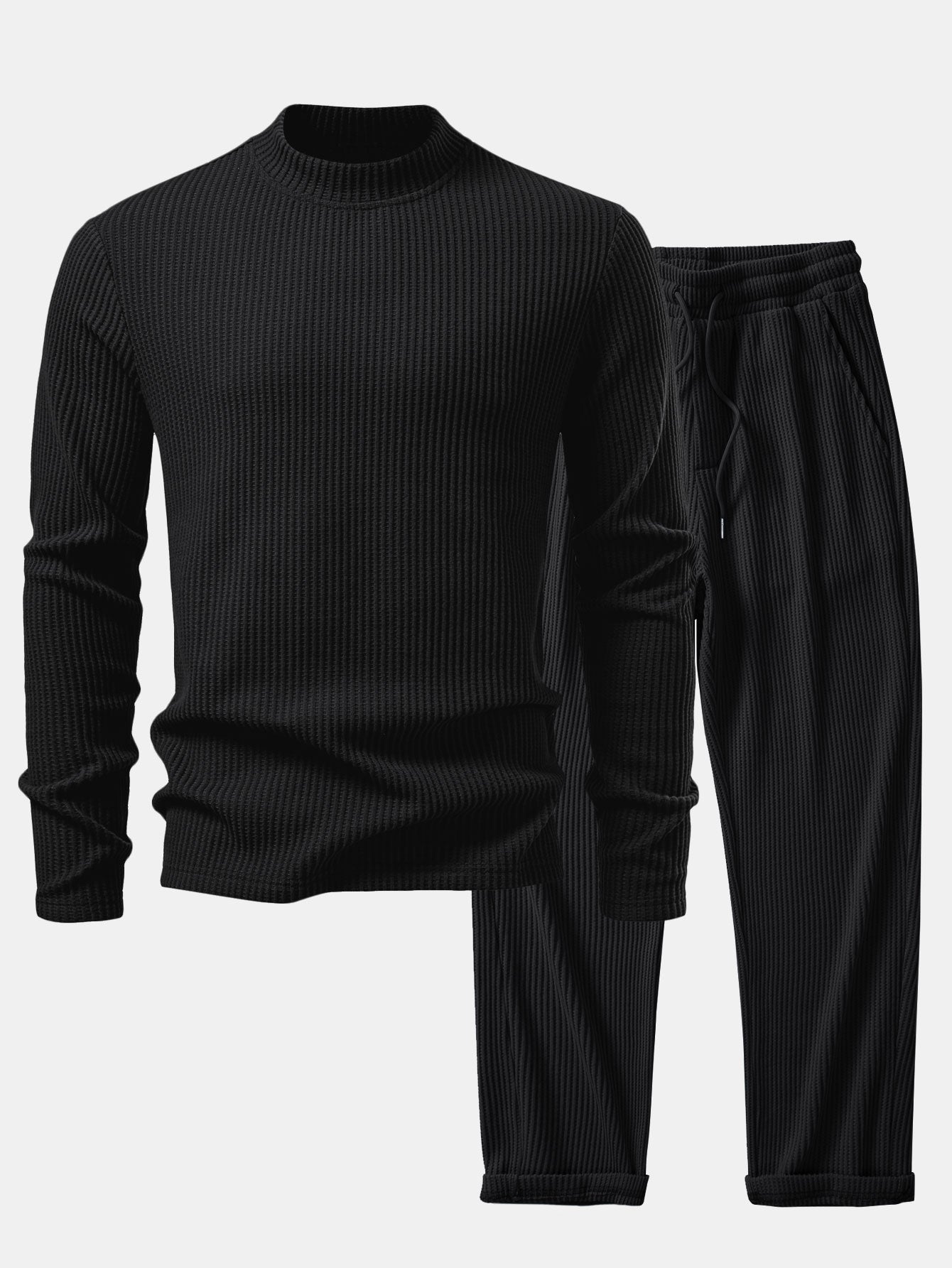 T-shirt à Manches Longues en Waffle avec Col Haut et Pantalons en Waffle Tissés avec Cordon