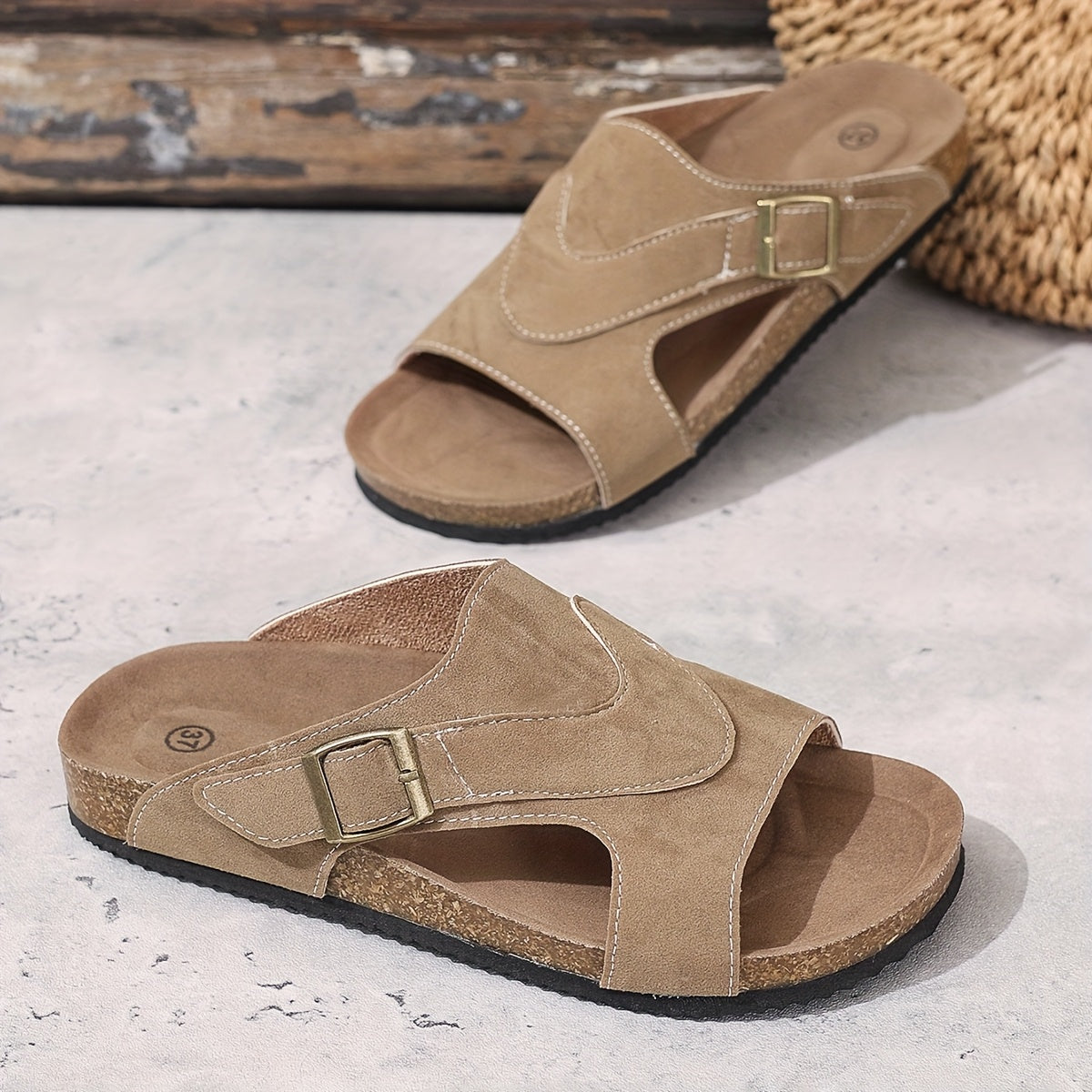 Sandali unisex in sughero – suola spessa, antiscivolo, resistenti per l’estate e la spiaggia, con cinturino regolabile con fibbia, punta aperta per uso interno ed esterno, calzature antisdrucciolo | dettaglio a catena decorativa | soletta in tessuto, sand
